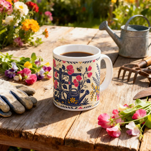 Sweet Pea Garden Folk Art Linocut Trellis Cottage Large Coffee Mug