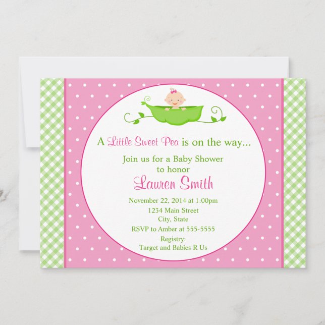 Sweet Pea Girl Baby Shower Invitation 5x7 Card (Front)
