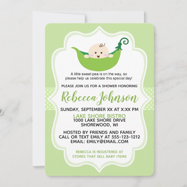 Sweet Pea Green Baby Shower Invitation customise (Front)
