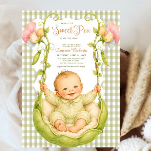 Sweet Pea in a Pod Watercolor Green Gingham Baby Invitation