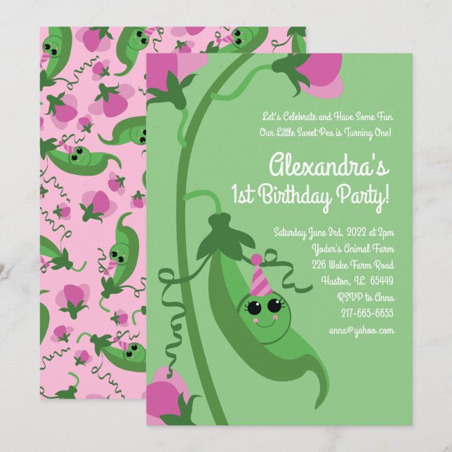 Sweet Pea is One 1st Birthday Cute Invitations (Front/Back)