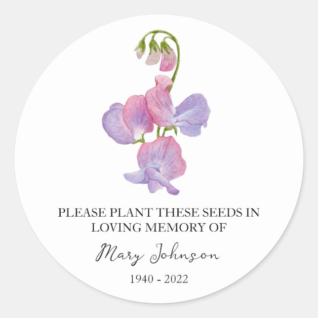 Sweet Pea Memorial Funeral Seed Packet Classic Round Sticker (Front)