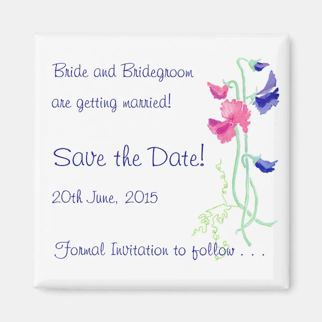 Sweet Pea Pink and Blue 'Save the Date' Magnet (Front)