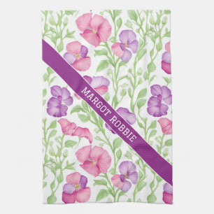Sweet pea Watercolor Colourful Personalised Patter Tea Towel