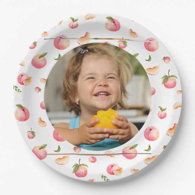 Sweet Peach 1st Birthday Photo Paper Plate (Front)
