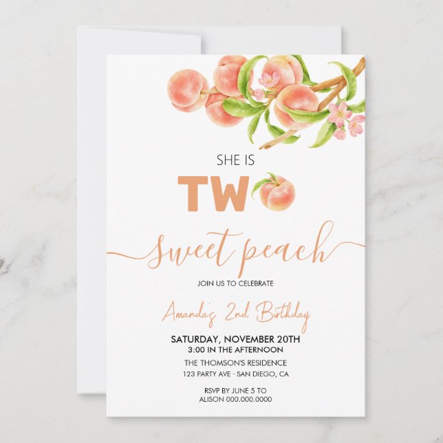  Sweet Peach 2nd Birthday  Invitation (Front)