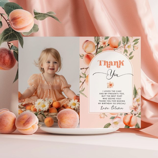 Sweet peach birthday party photo thank you card (Creator Uploaded)