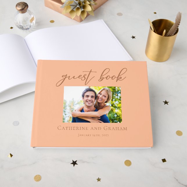 Sweet Peach Couple Photo Summer Wedding Guest Book (Front Open)