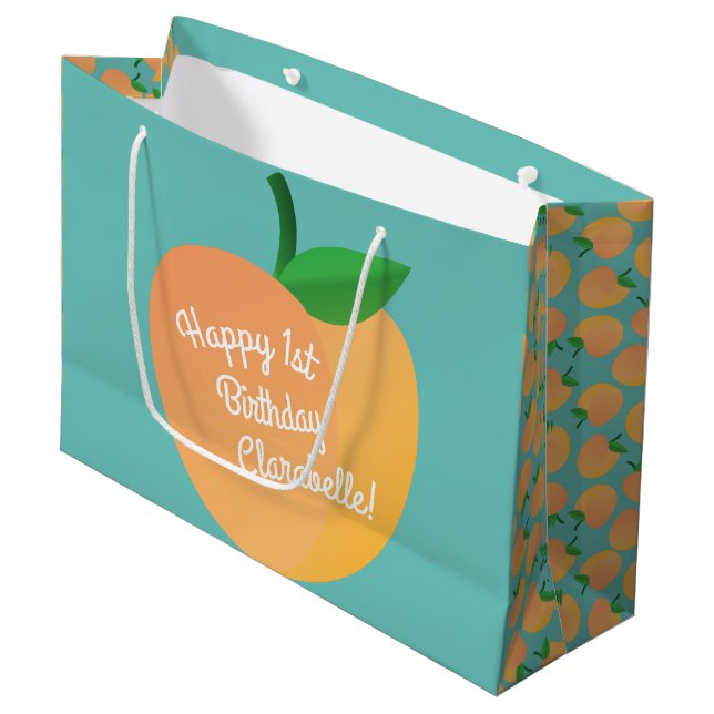 Sweet Peach Cute Fruit 1st Birthday Party Theme Large Gift Bag (Front Angled)
