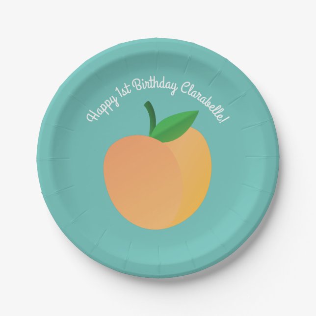 Sweet Peach Cute Fruit 1st Birthday Party Theme Paper Plate (Front)