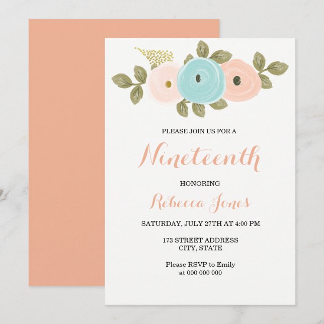 Sweet Peach Floral 19th Birthday Party Invitation (Front/Back)