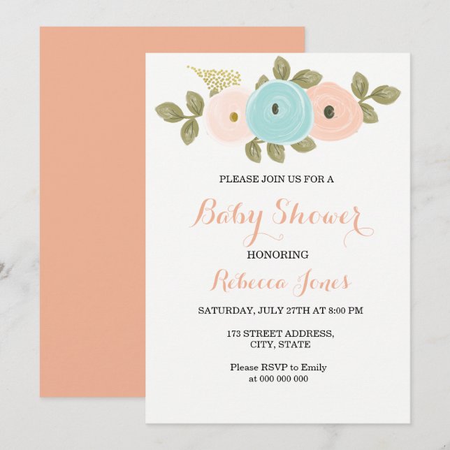 Sweet Peach Floral Baby Shower Invitation (Front/Back)