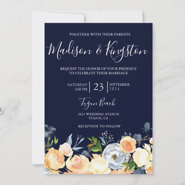 Sweet Peach Flowers Navy Wedding Invitation (Front)