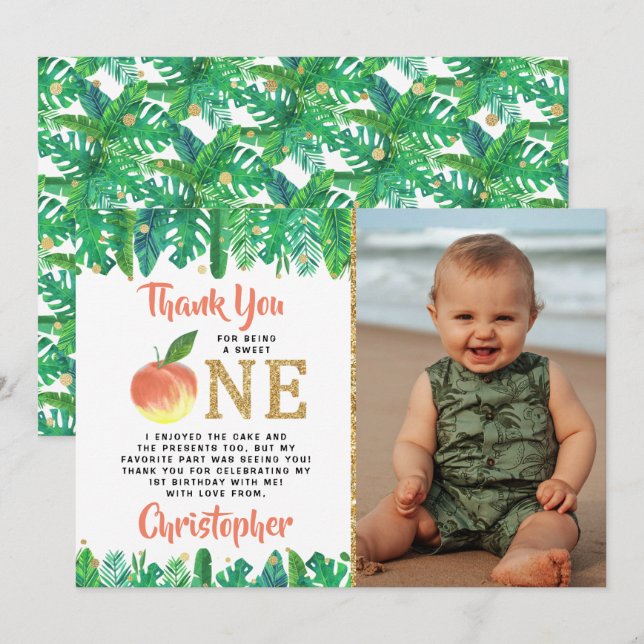 Sweet Peach Girls 1st Birthday Photo Thank You Card (Front/Back)