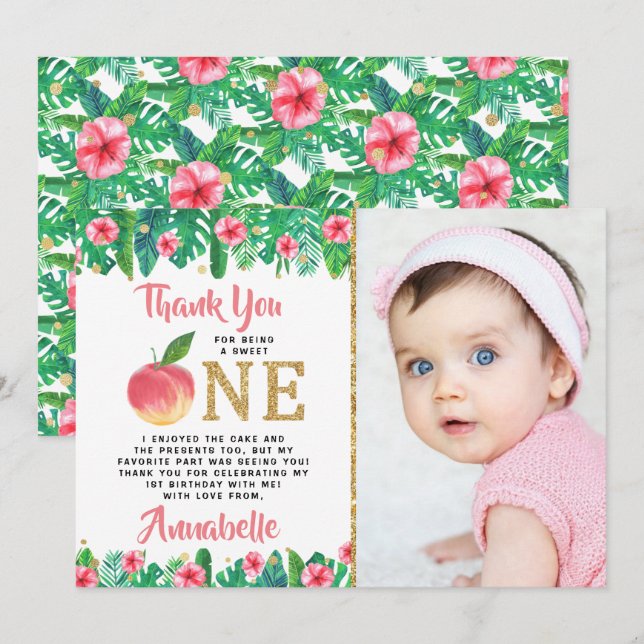 Sweet Peach Girls 1st Birthday Photo Thank You Card (Front/Back)