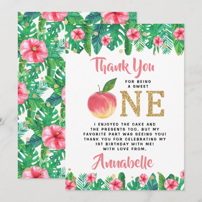Sweet Peach Girls 1st Birthday Thank You Card (Front/Back)