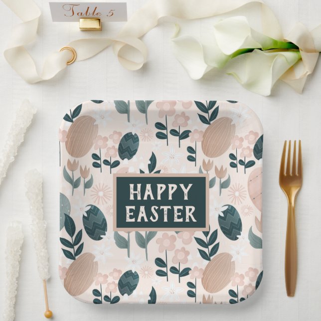 Sweet Peach Green Boho Botanical Easter Egg      Paper Plate (Wedding)