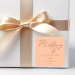 Sweet Peach Minimalist Script Summer Wedding Square Sticker<br><div class="desc">Peach is the new trending colour for summer brides. Our sweet peach wedding sticker features elegant light brown script for a trendy,  minimalist event in the afternoon for a feminine bride who loves to stay current and modern with this mailing or favour accessory.</div>