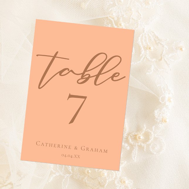 Sweet Peach Minimalist Script Summer Wedding Table Number (Creator Uploaded)