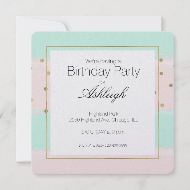 Sweet Peach Mint Gold Stripes Confetti Birthday Invitation (Front)