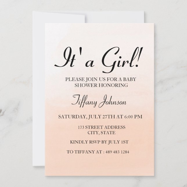 Sweet Peach Ombre its A Girl Baby Shower Invite (Front)