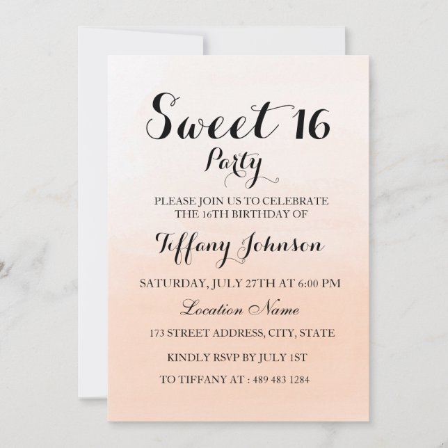 Sweet Peach Ombre Pastel Sweet 16 Party Invitation (Front)