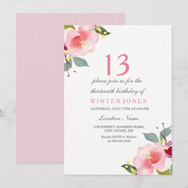 Sweet Peach Pink Flower 13th Birthday Party Invite (Front/Back)