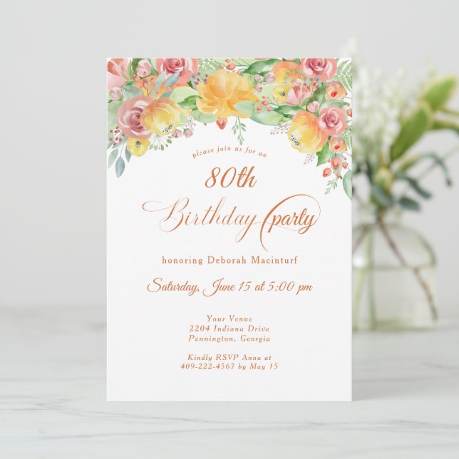 Sweet Peach Roses Floral 80th Invitation (Standing Front)