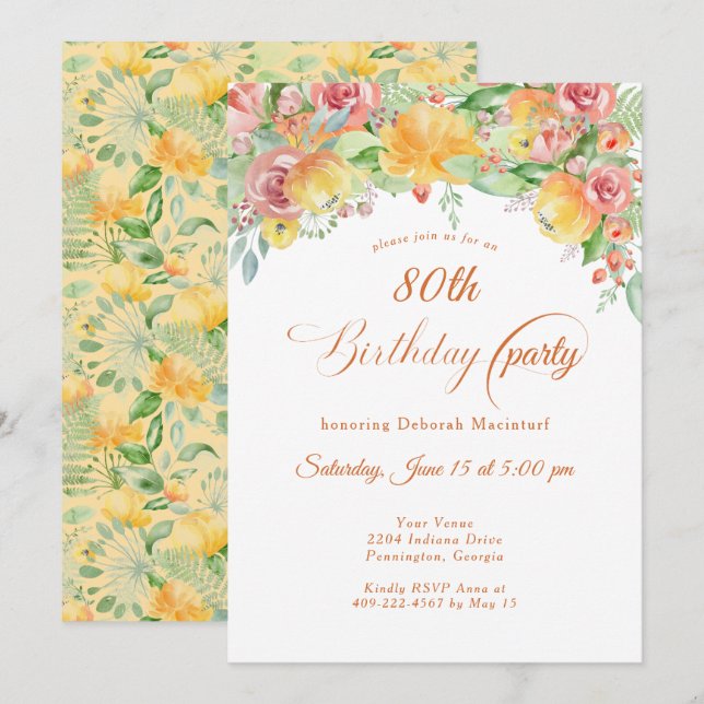 Sweet Peach Roses Floral 80th Invitation (Front/Back)