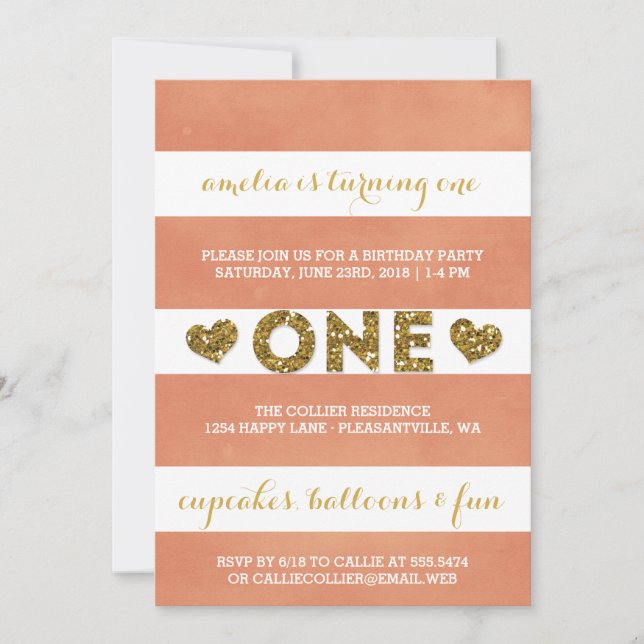 Sweet Peach Stripes First Birthday Party Invitation (Front)