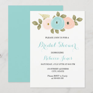 Sweet Peach Teal Flowers Bridal Shower Invite