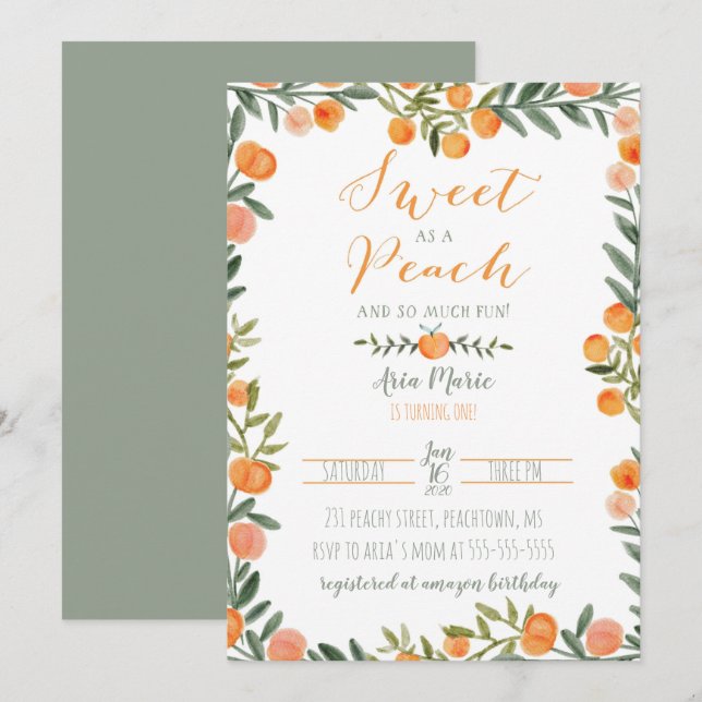Sweet Peach Theme First Birthday Invitation (Front/Back)