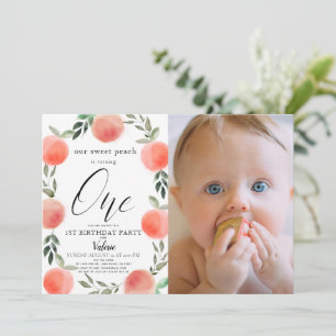 Sweet Peach Watercolor 1st Birthday Photo Invitation