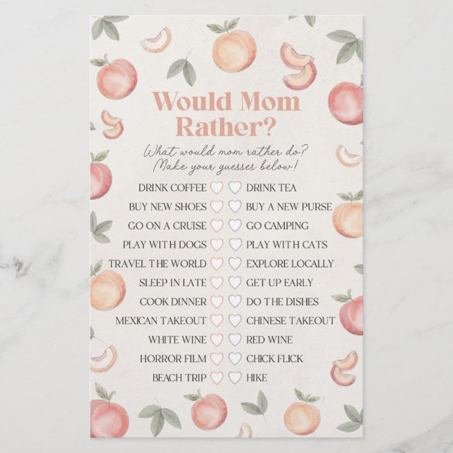sweet peach would mum rather baby shower game (Front)