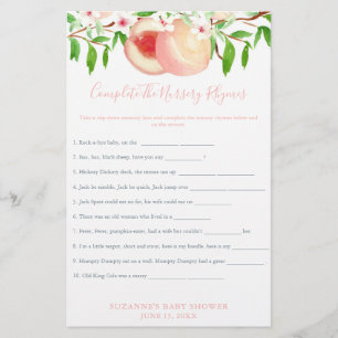 Sweet Peaches Baby Shower Nursery Rhymes Game Card