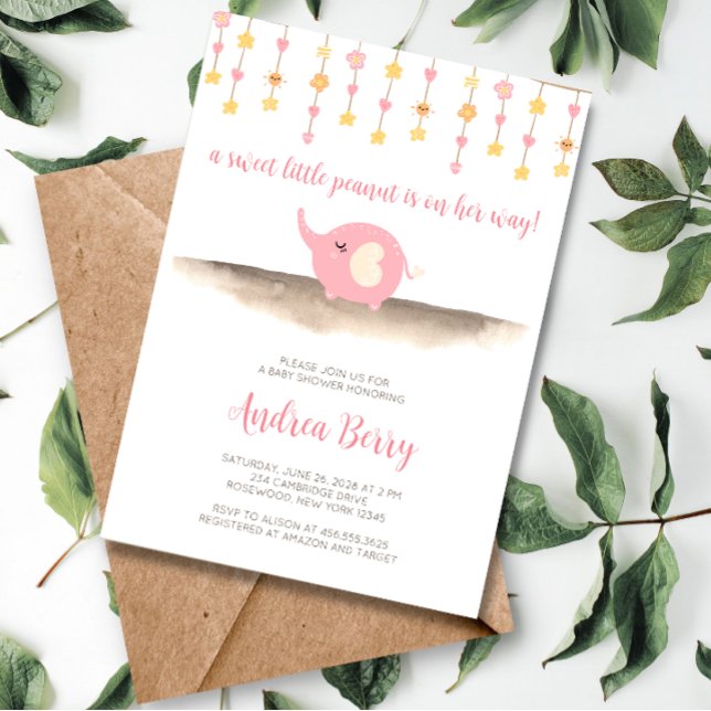Sweet Peanut Girl Elephant Baby Shower Invitation (Creator Uploaded)