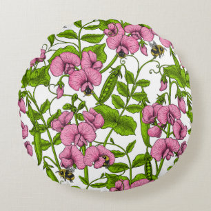 Sweet peas and bumblebees 4 round cushion