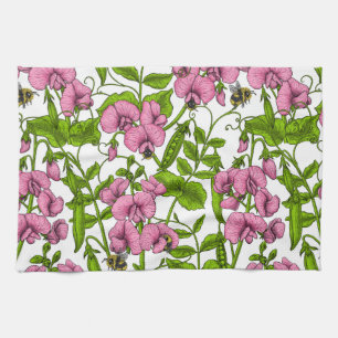 Sweet peas and bumblebees 4 tea towel