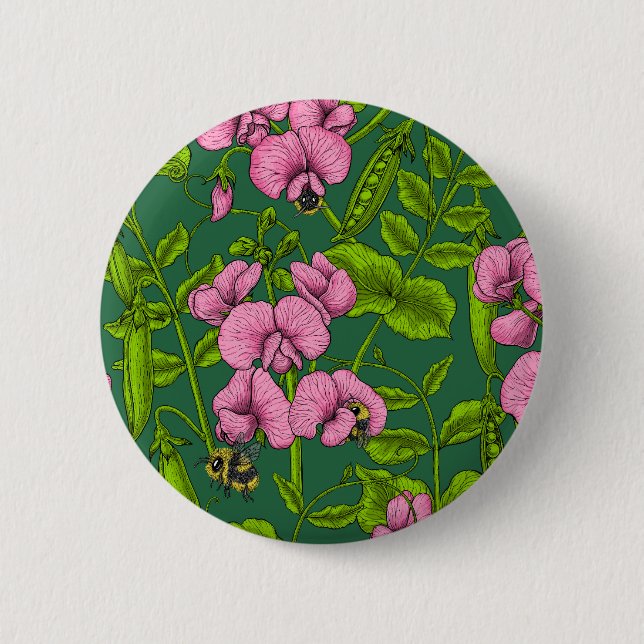 Sweet peas and bumblebees, green and pink 6 cm round badge (Front)