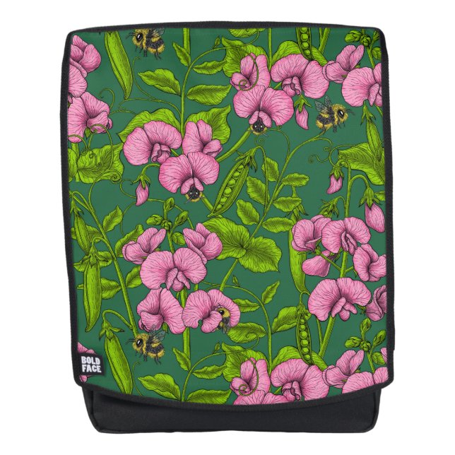 Sweet peas and bumblebees, green and pink backpack (Front)