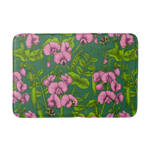 Sweet peas and bumblebees, green and pink bath mat