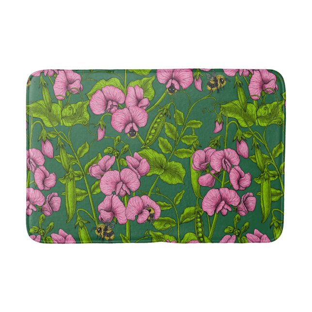 Sweet peas and bumblebees, green and pink bath mat (Front)