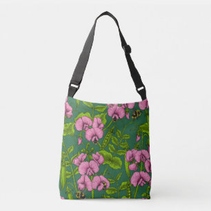 Sweet peas and bumblebees, green and pink crossbody bag