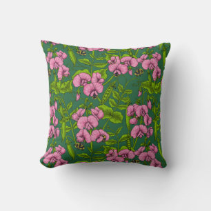 Sweet peas and bumblebees, green and pink cushion