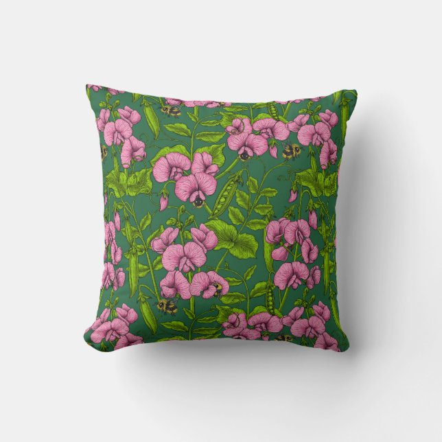 Sweet peas and bumblebees, green and pink cushion (Front)