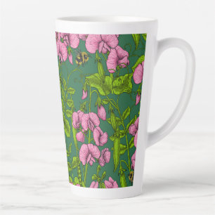 Sweet peas and bumblebees, green and pink latte mug