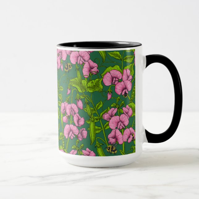 Sweet peas and bumblebees, green and pink mug (Right)