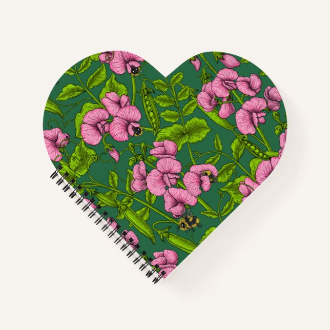Sweet peas and bumblebees, green and pink notebook (Front)