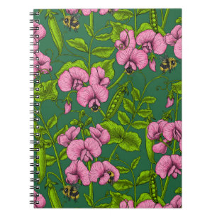 Sweet peas and bumblebees, green and pink notebook