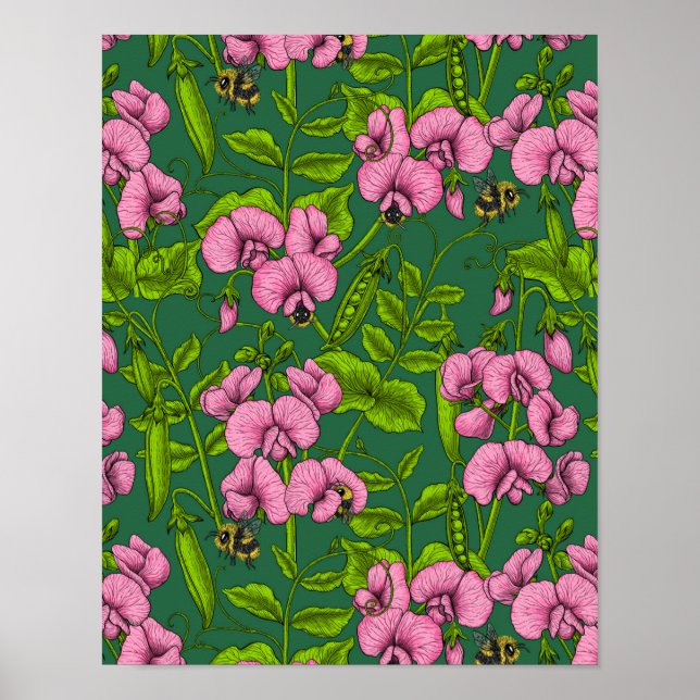 Sweet peas and bumblebees, green and pink poster (Front)
